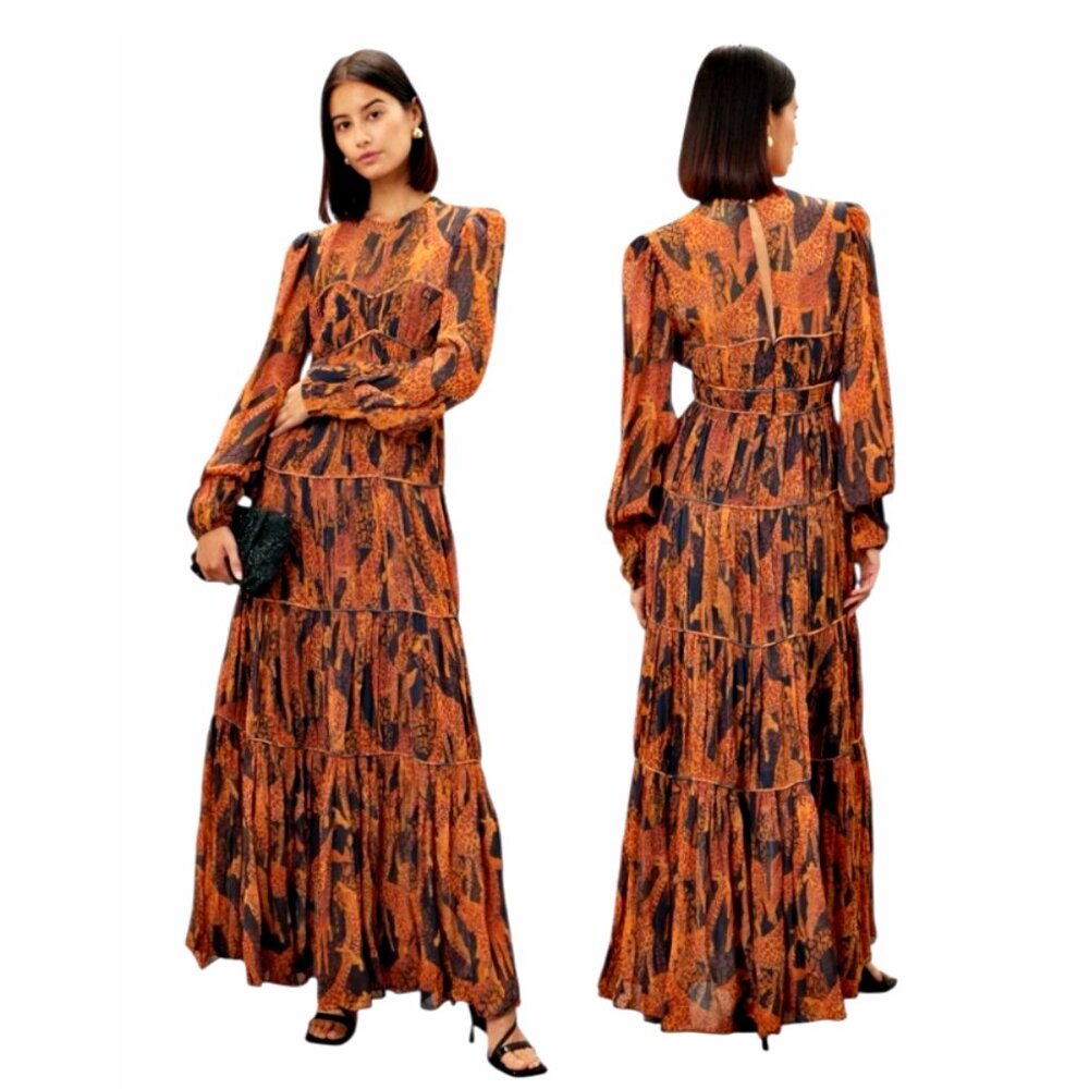 Farm Rio Giraffes Puff Sleeve Corset Piping Tiered Maxi Dress in Orange  S  $315